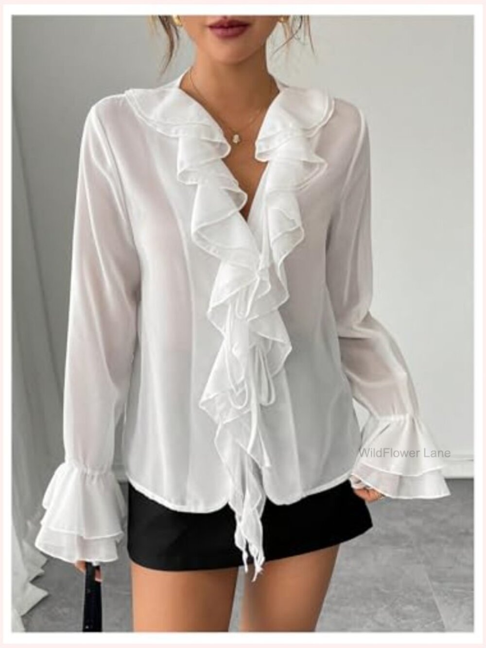 Long Sleeve V Neck Ruffle Blouse Chiffon Layered Going Out Top - Picture 5 of 5